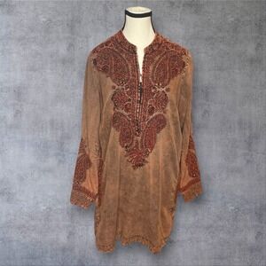 Soft Surroundings Spice Market Burnt Orange Embroidered Tunic Top Womens M Boho